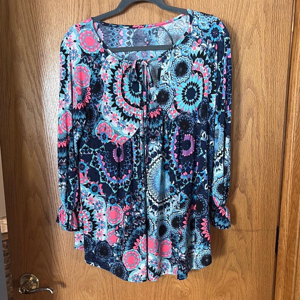 Blue and Pink Graphic Tunic with 3/4 Sleeves